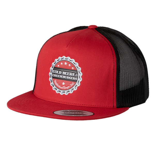 Flat Brim Snapback Trucker Hat in Red and Black