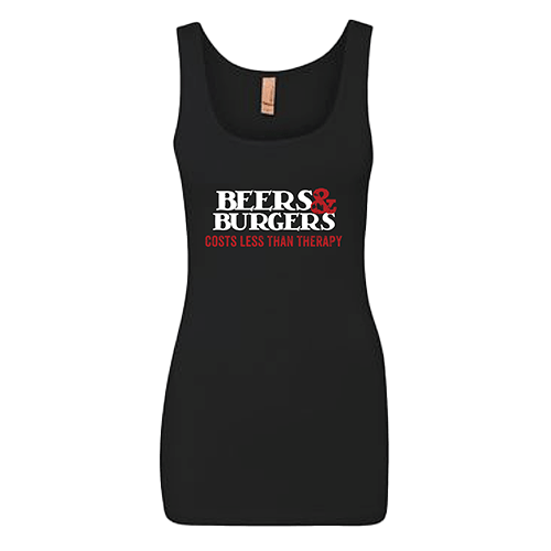 "Beers & Burgers Cost Less Than Therapy" Ribbed Tank Top Front